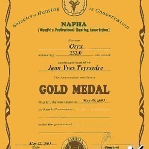 Namibia Professional Hunting Association (NAPHA) Medal Certificate