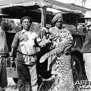 J.A. Hunter (left) and his trackers and clients with a very fine Leopard