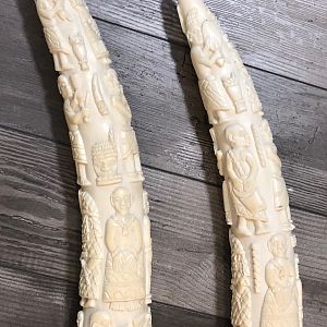 Two Pairs Of Ornate Carved African Elephant Tusks