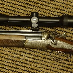 Ferlach over/under combination Hammer Gun 7x72R, 16ga 2 1/2" & Zeiss 5-15x42 Diavari on pivot mount