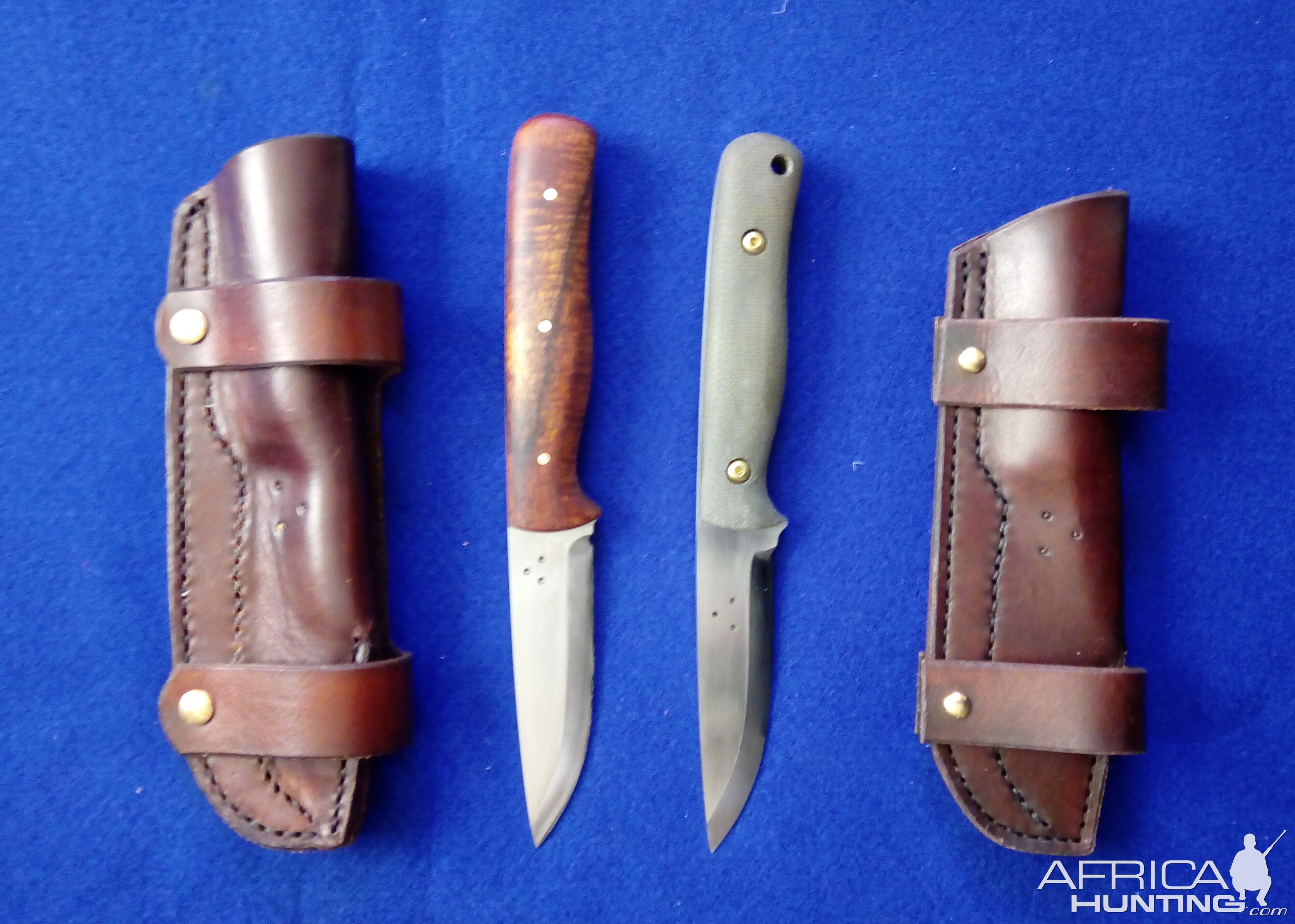 A Koa & Micarta Bushcraft Hunter Knives in the horizontal Cross Draw Sheath