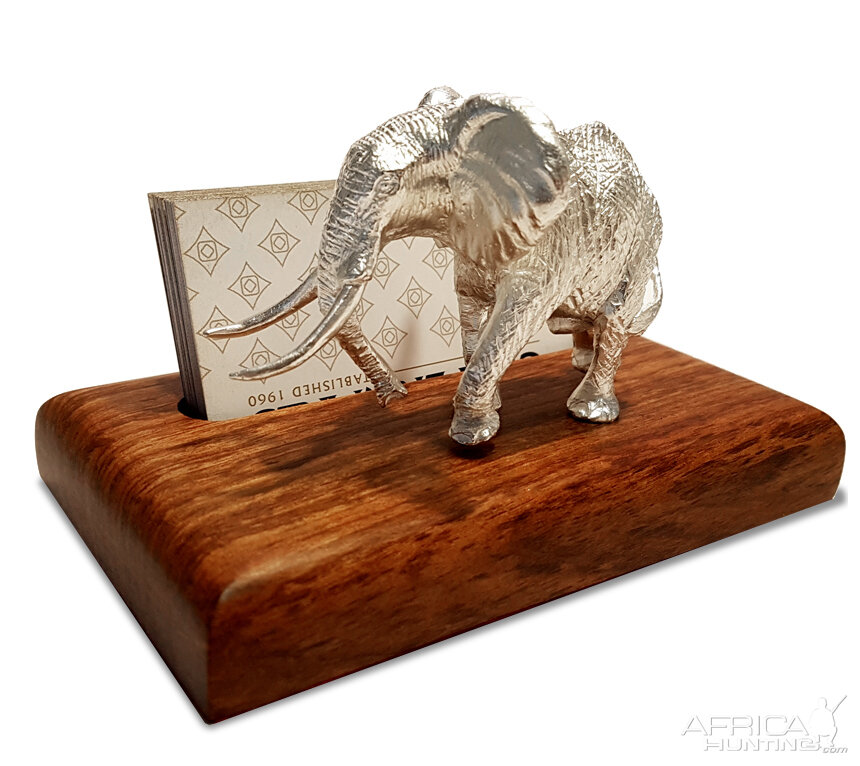 Elephant Business Card Holder Plated Silver & Rhodesian Teak from African Sporting Creations