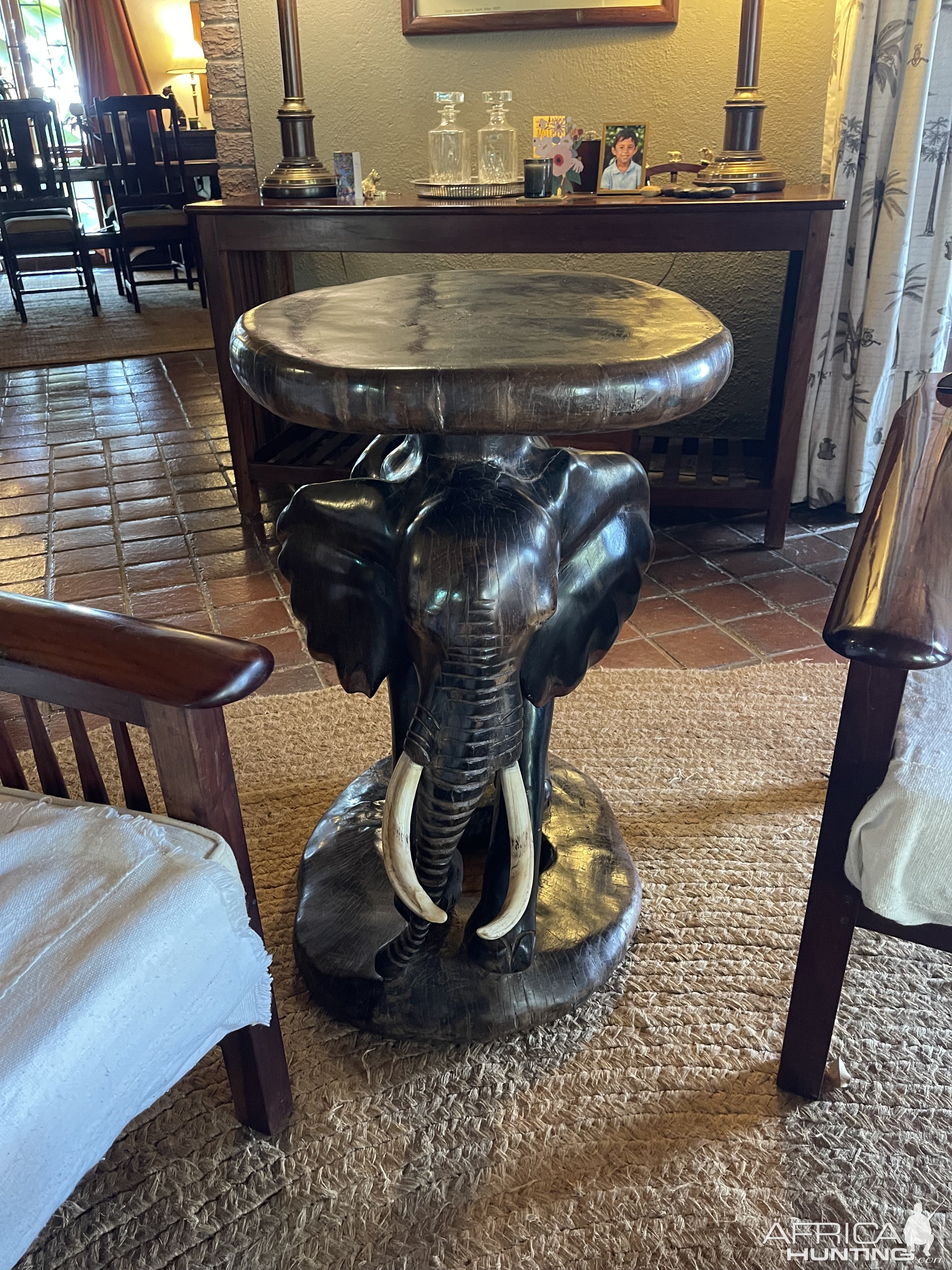 Elephant Carved Ebony Table With Warthog Tusks