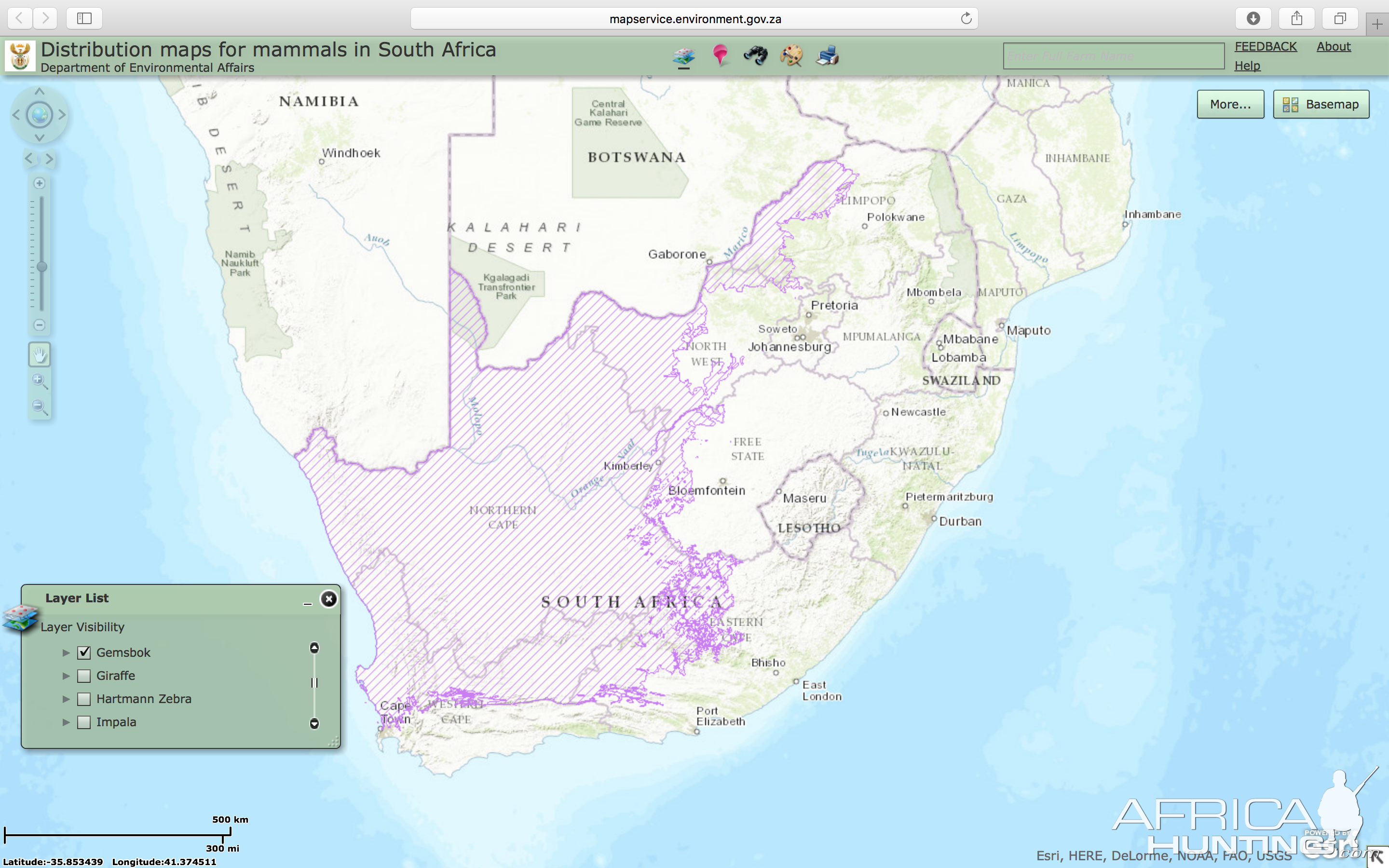 Gemsbok Distribution Map South Africa