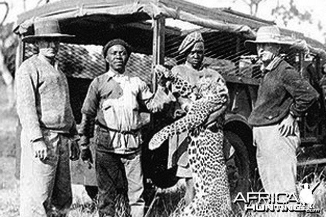 J.A. Hunter (left) and his trackers and clients with a very fine Leopard