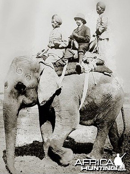 King George V, mounted on Elephant, departing for a shikar