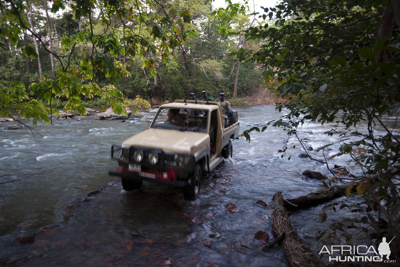 Land Cruiser crossing wide river in CAR