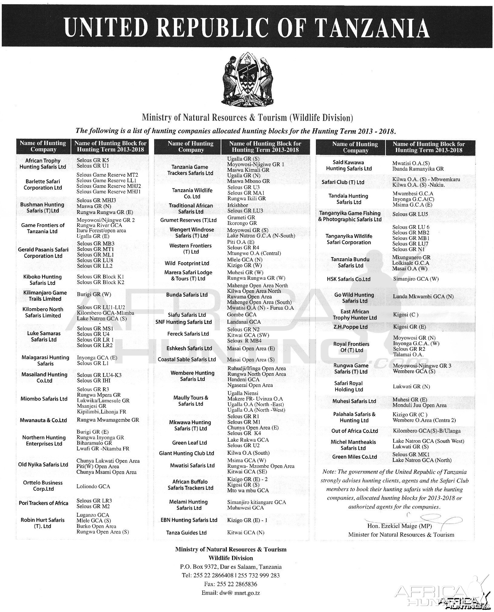 List of hunting companies allocated hunting blocks in Tanzania