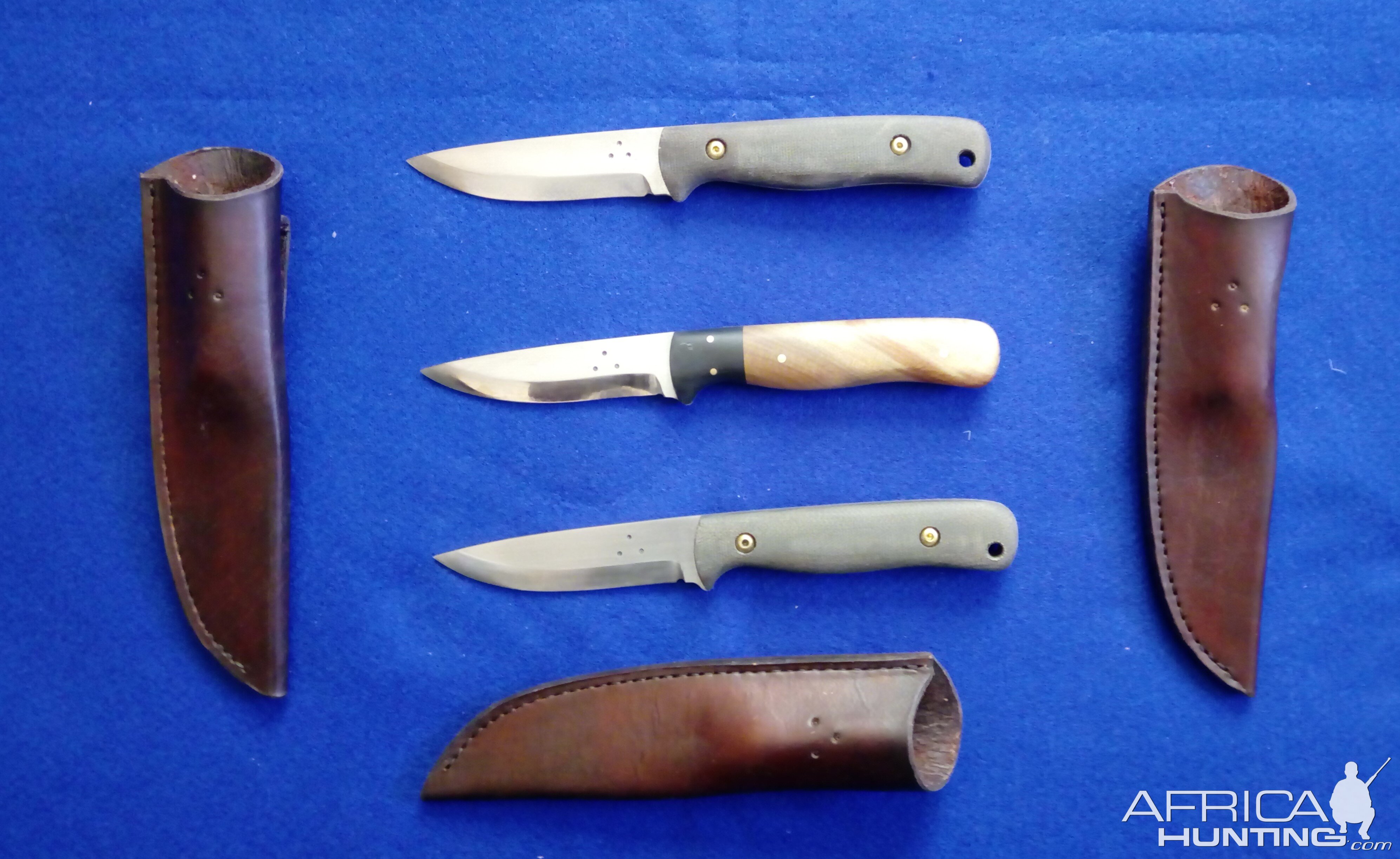 Micarata & Swamp Kauri and Buffalo Horn Bushcraft Hunters Knives in traditional sheaths