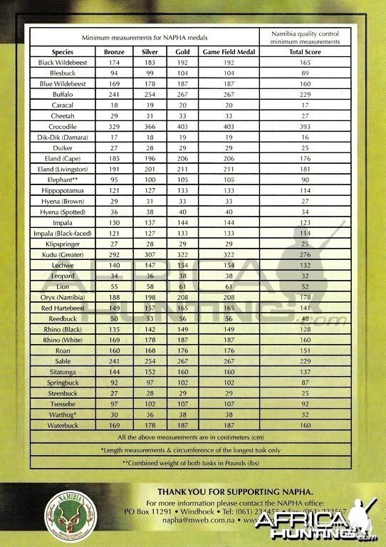 Minimum Measurements for NAPHA Medals