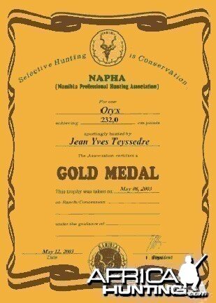 Namibia Professional Hunting Association (NAPHA) Medal Certificate