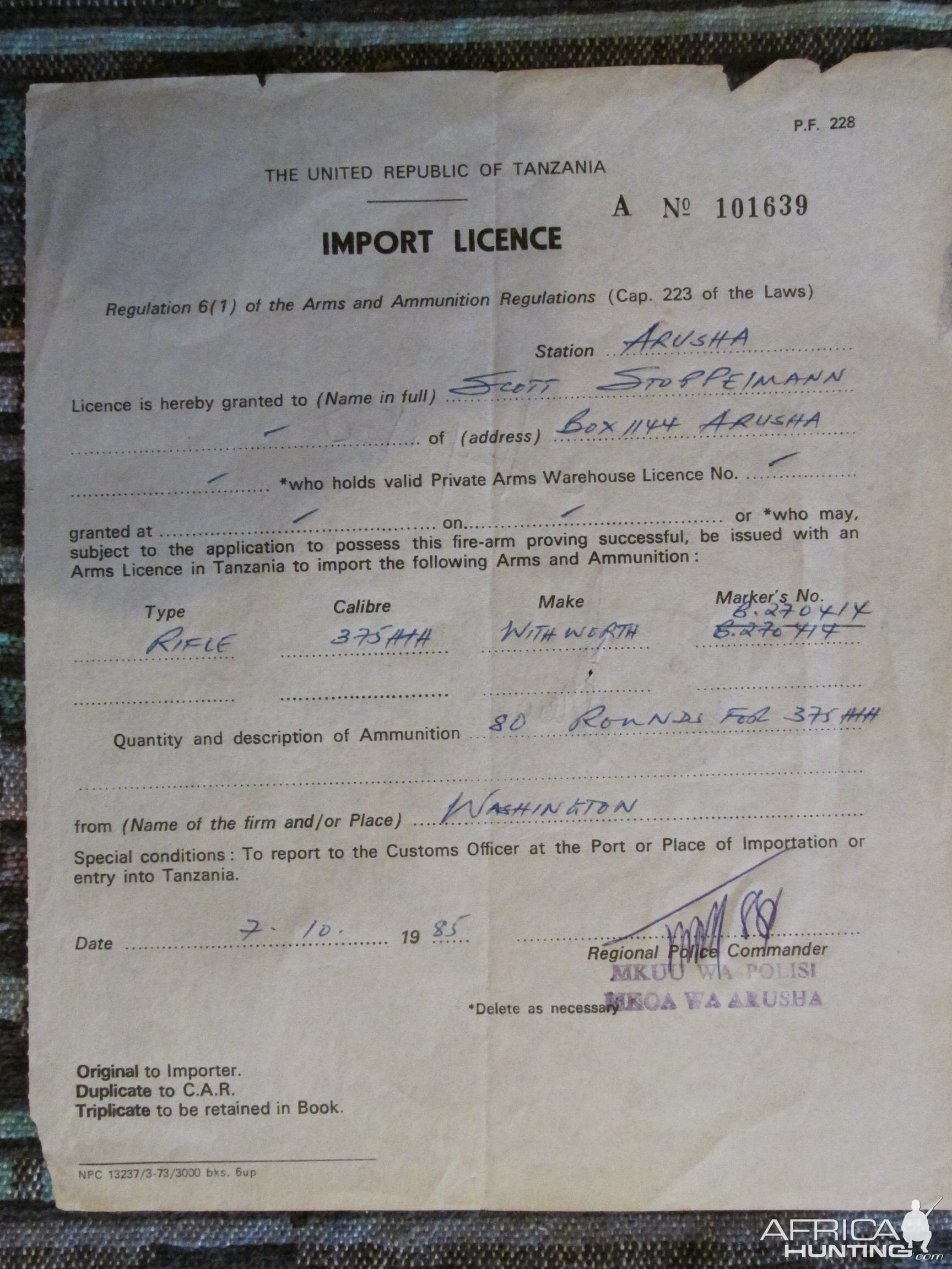 Old Import license for Tanzania in 1985