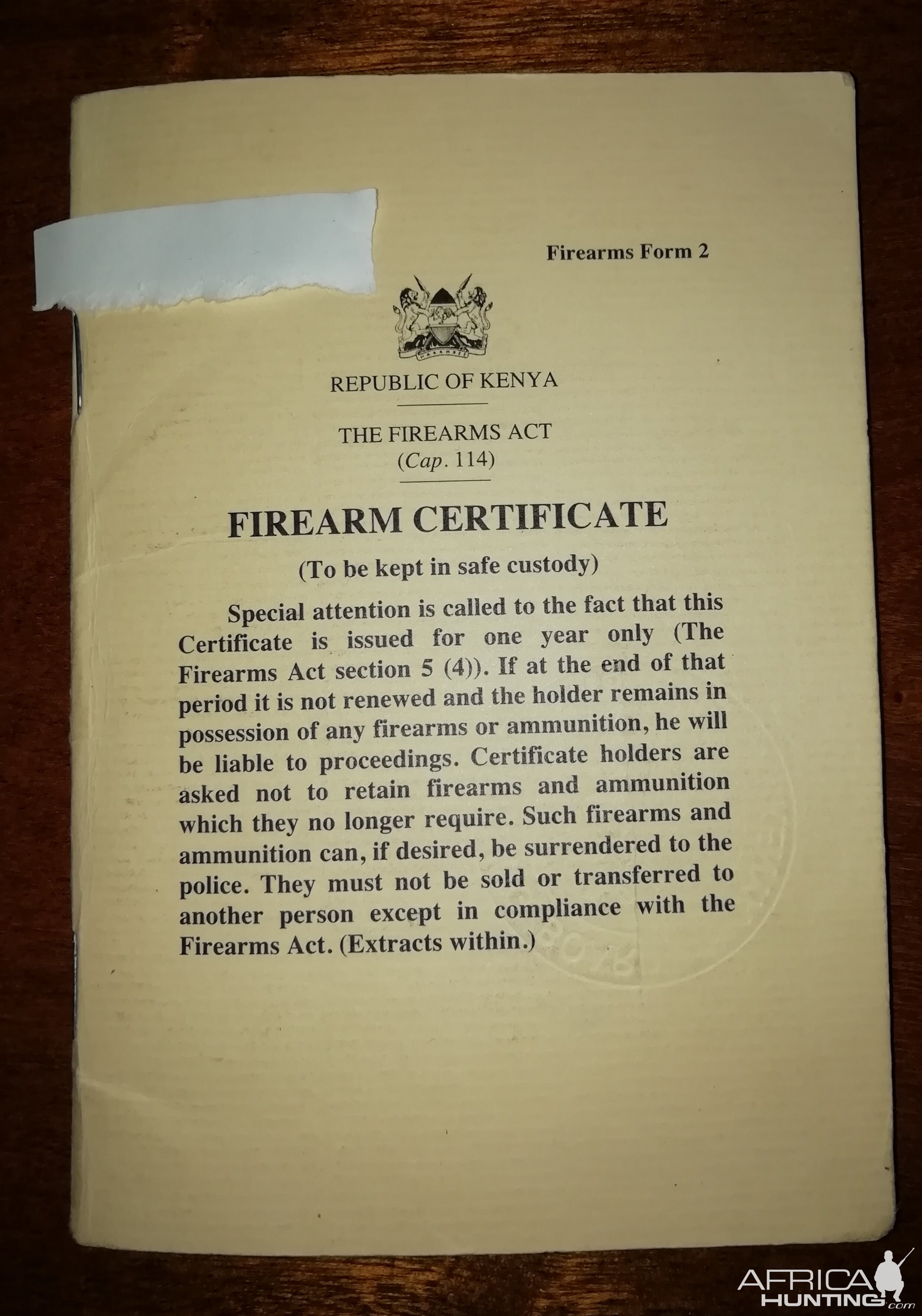 Old Tanzanian Firearm Certificate