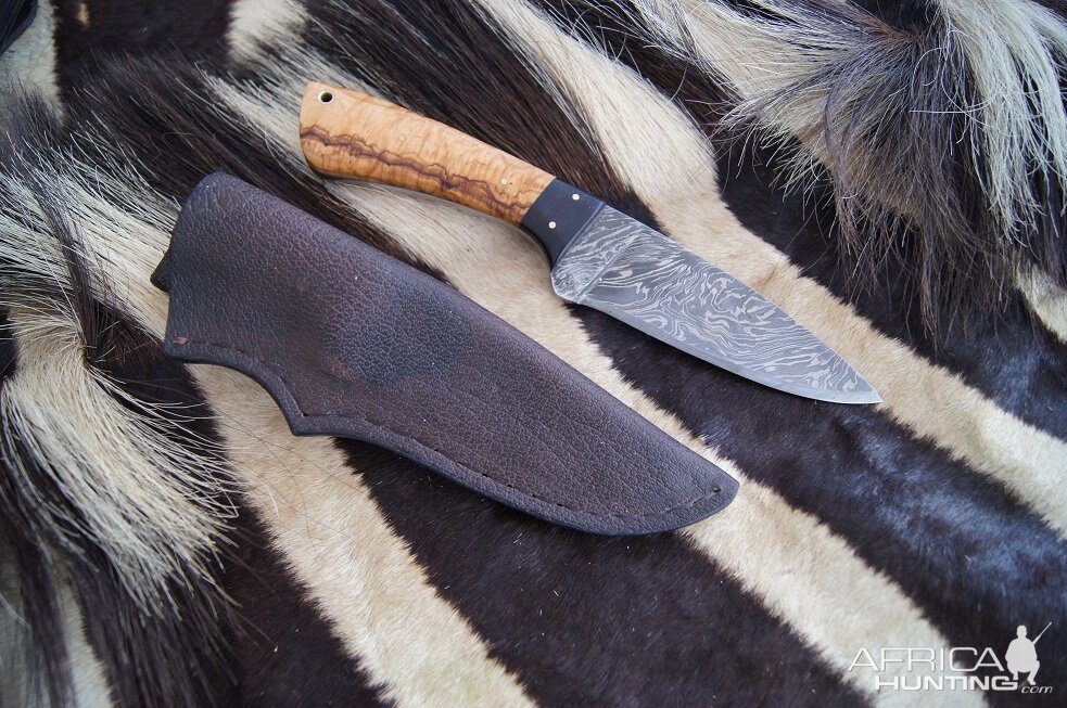 Olive wood African black wood Knife with Cape buffalo leather Sheath