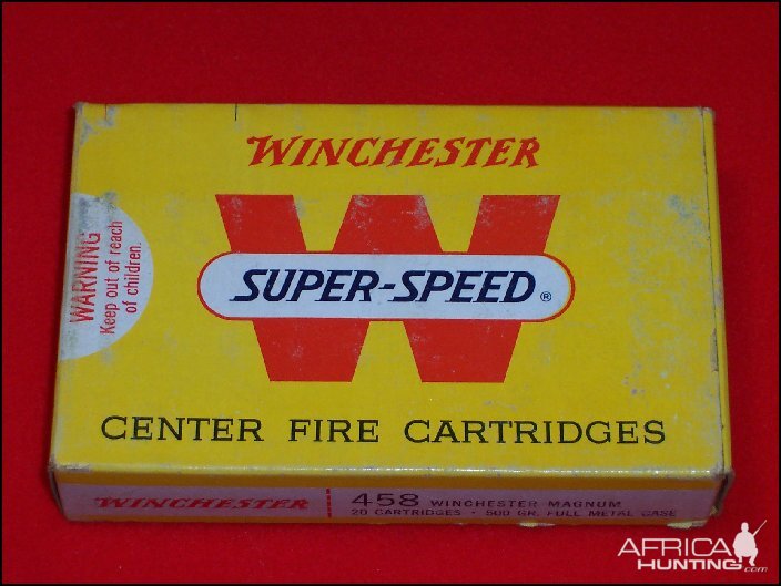 Pre 1972 Box Of Winchester Super Speed 510 grain Soft Nosed Factory Loads For The .458 Winchester Magnum