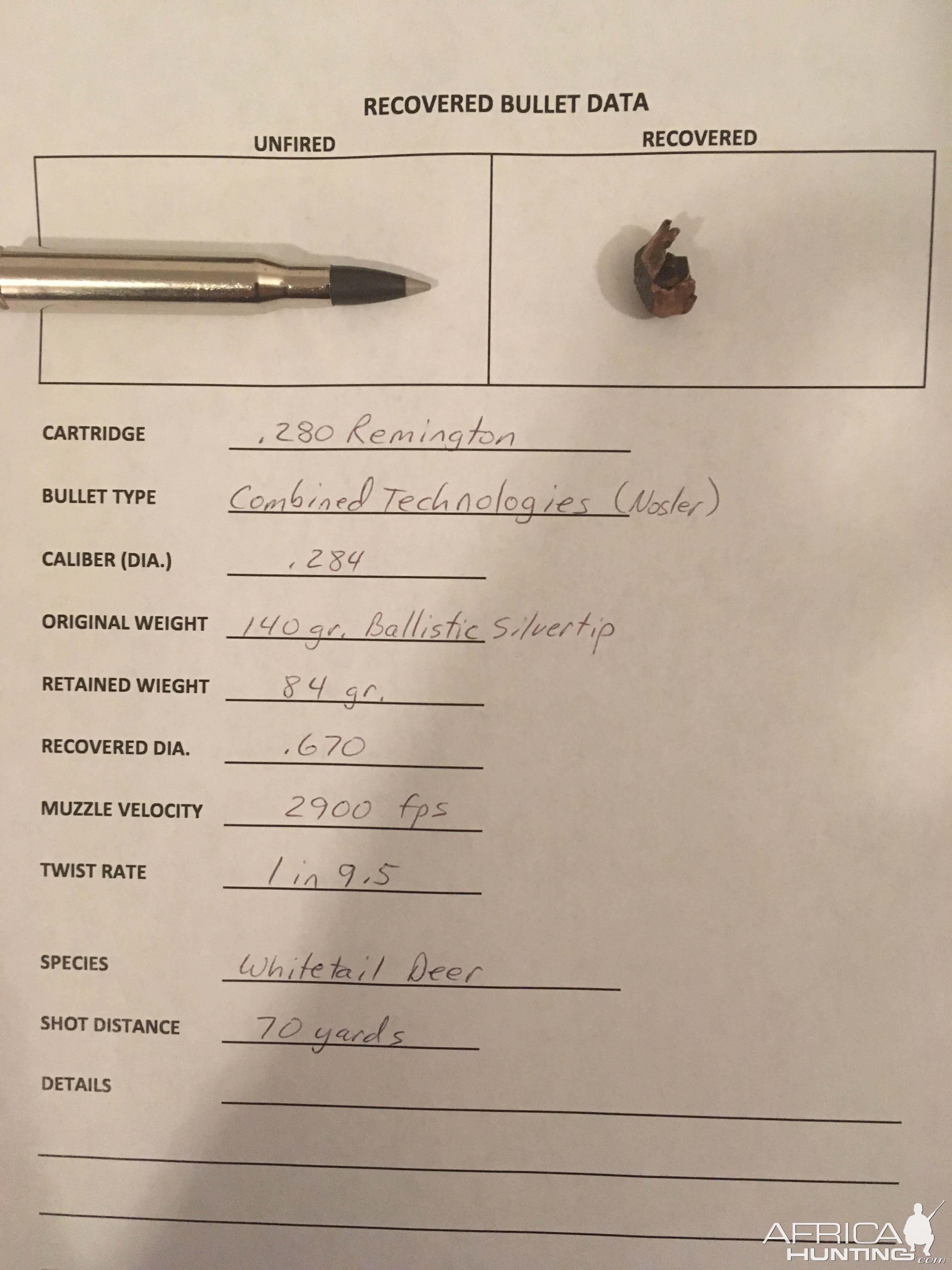 Recovered Bullet Data for Whitetail Deer