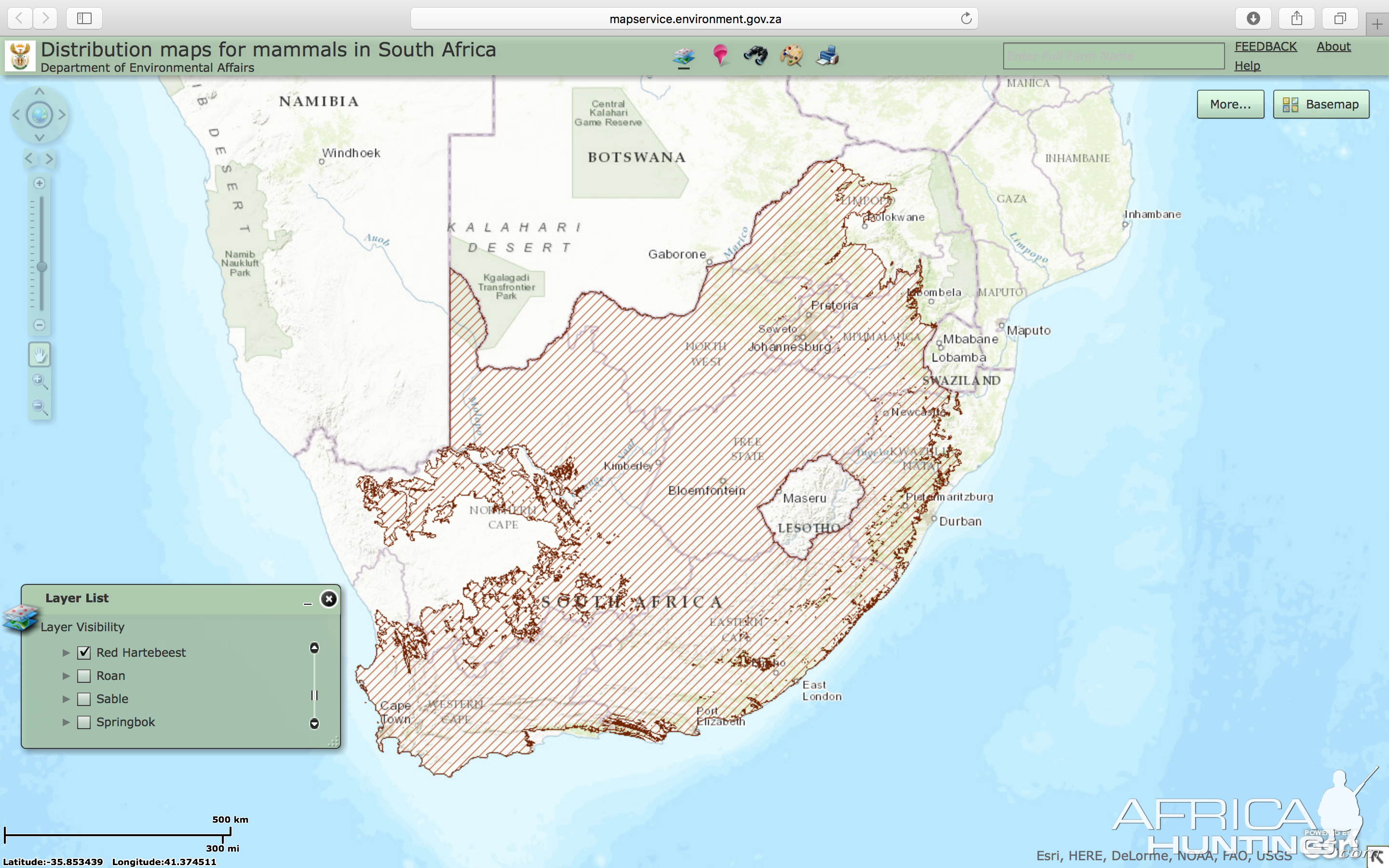 Red Hartebeest Distribution Map South Africa