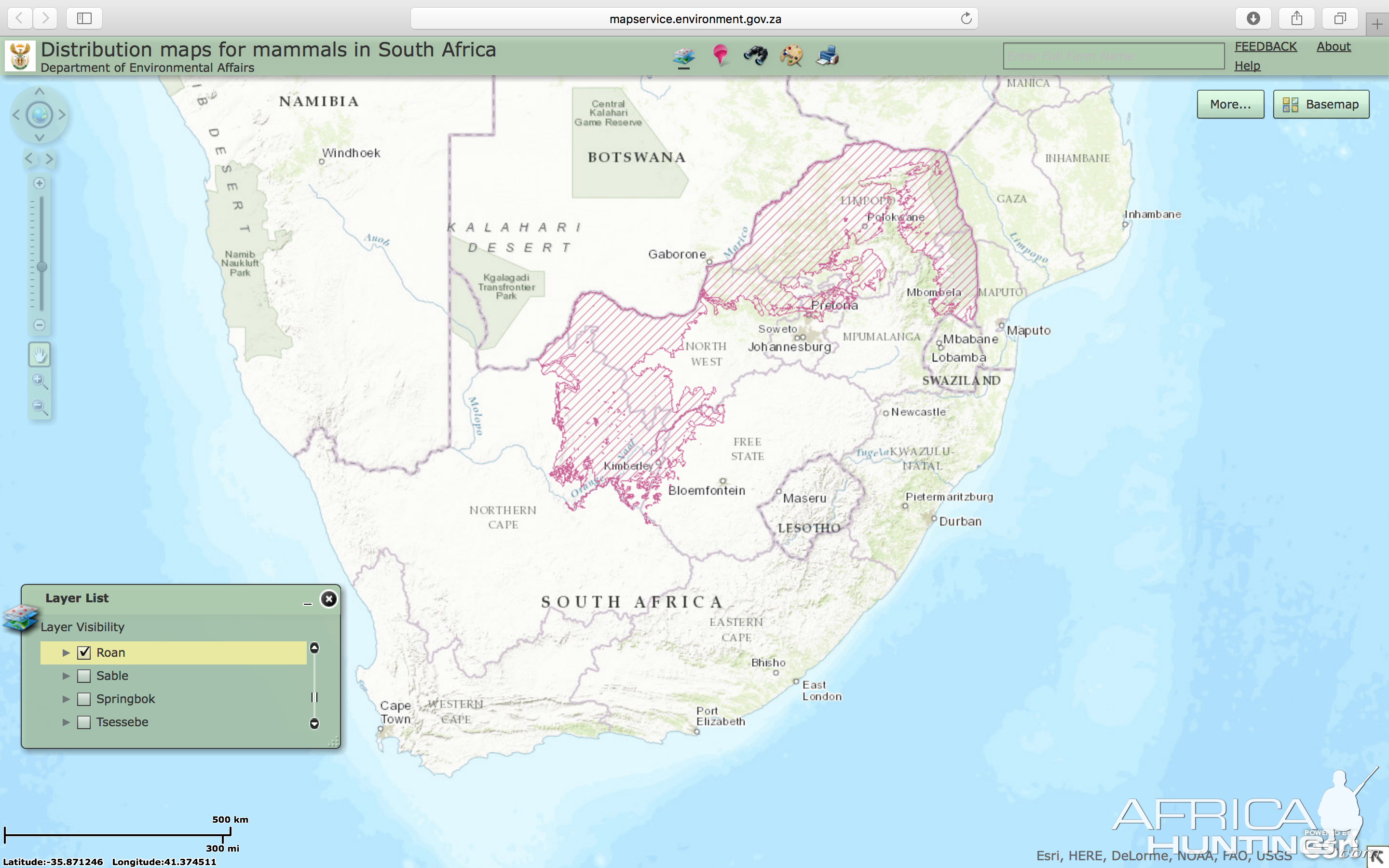 Roan Distribution Map South Africa