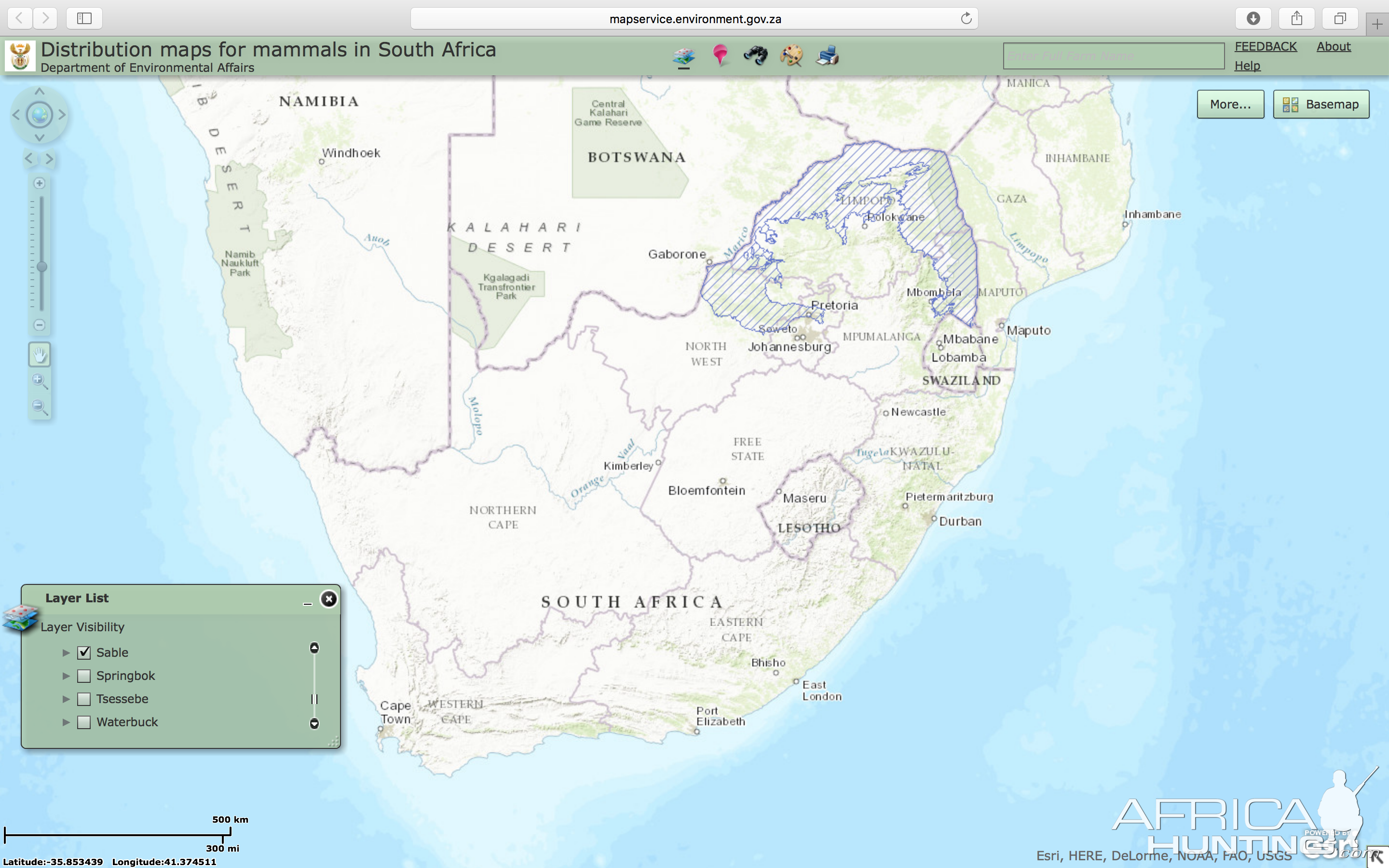 Sable Distribution Map South Africa