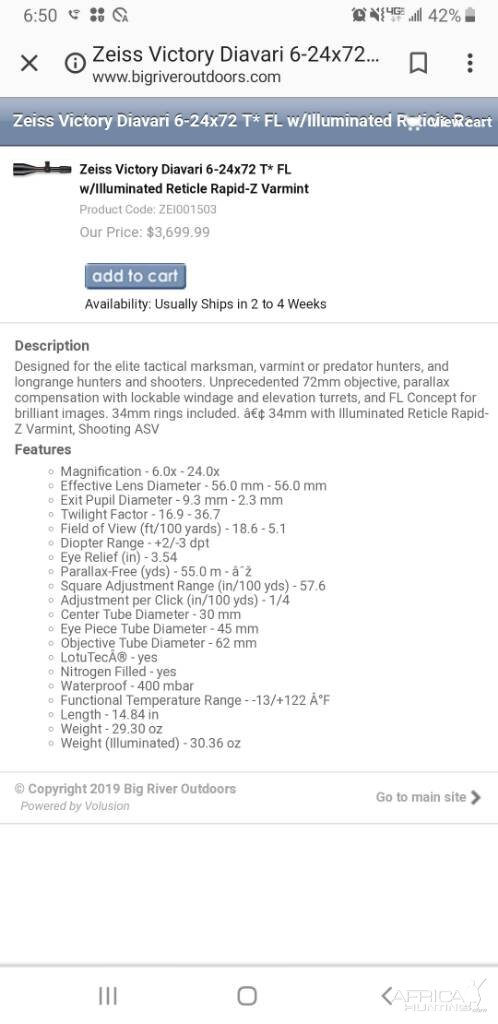 Super Zeiss Fl Diavari 34mm Illuminated 6-24×72mm Scope