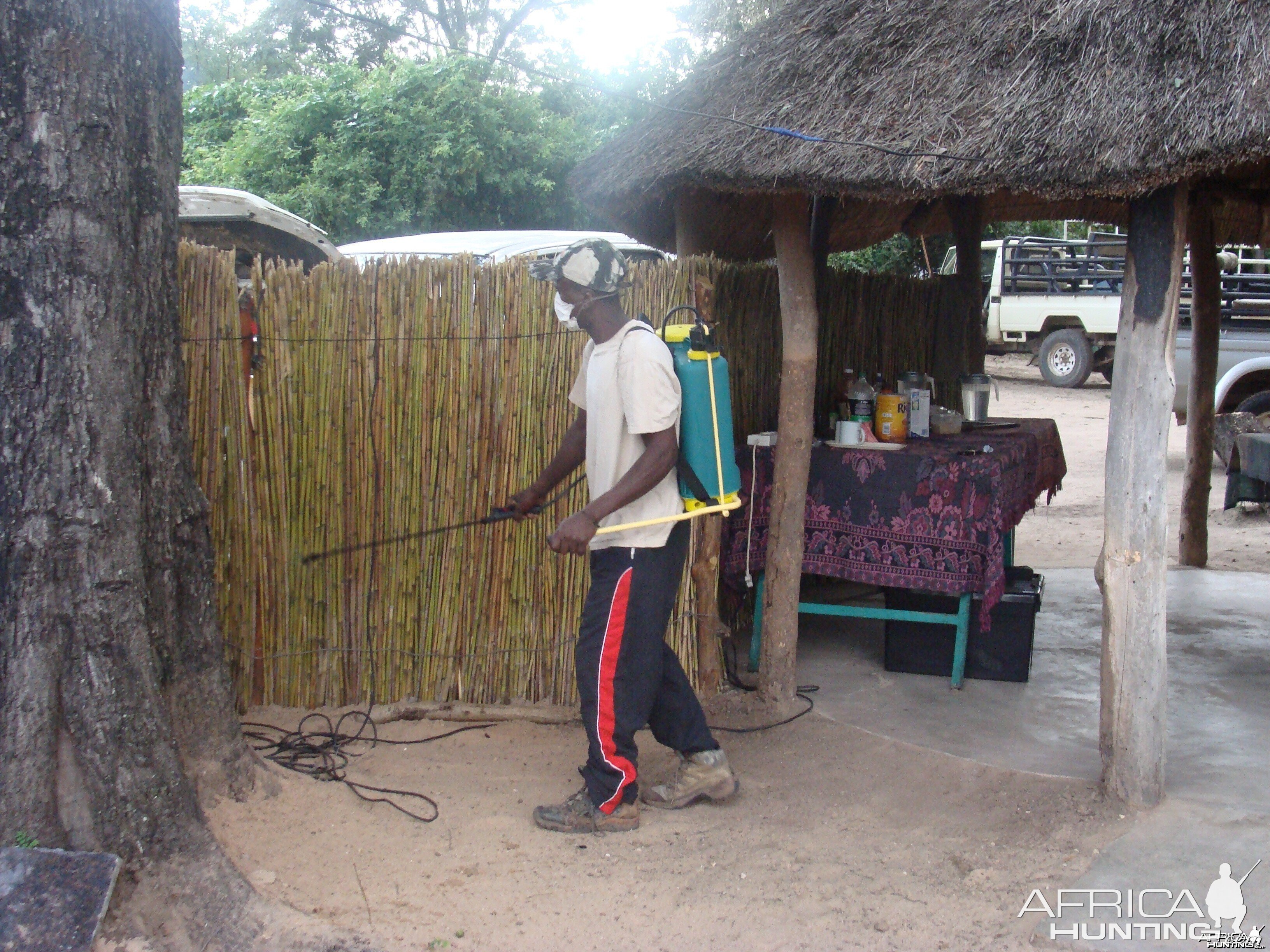 The camp gets a good spray against mosquitoes