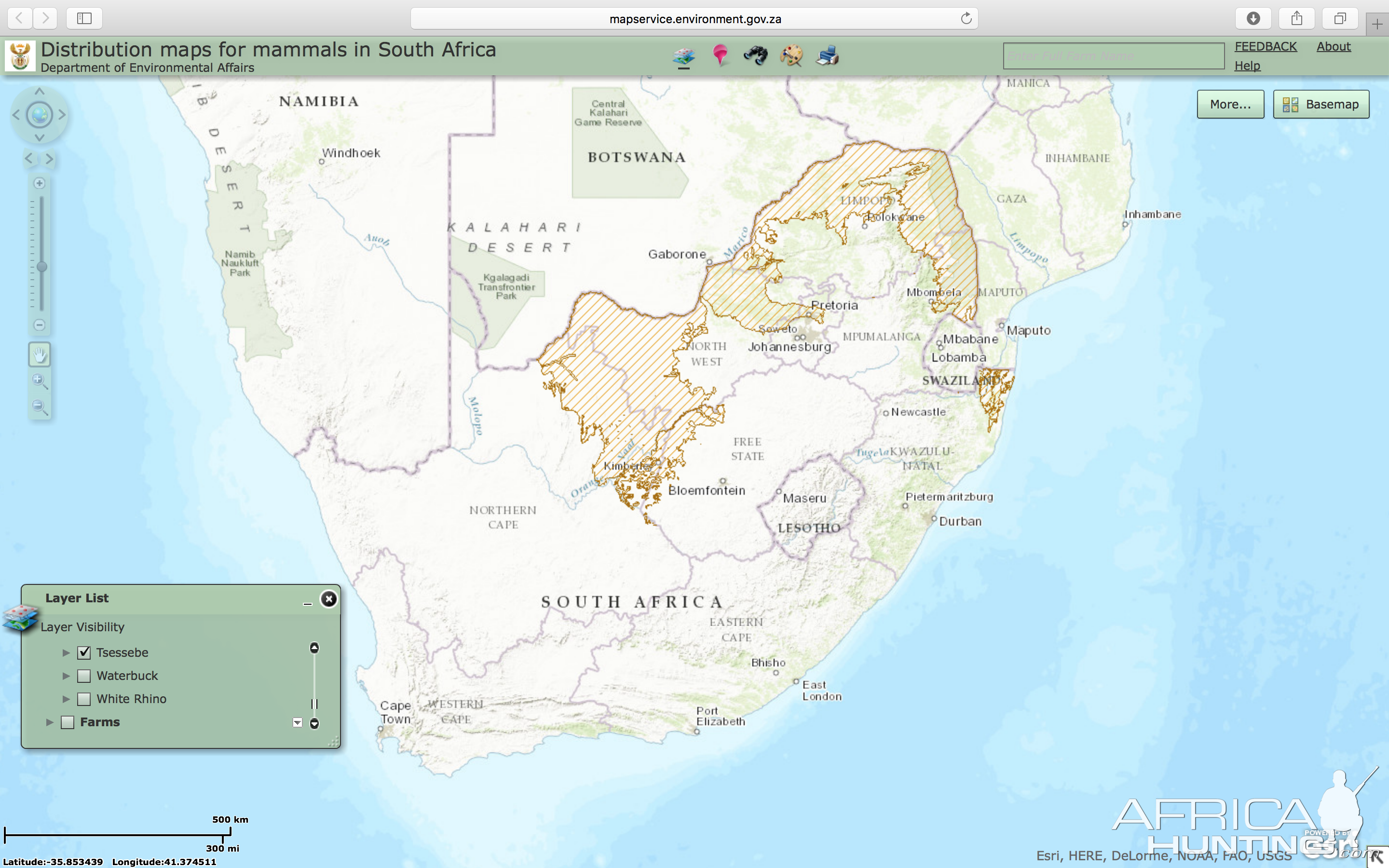 Tsessebe Distribution Map South Africa