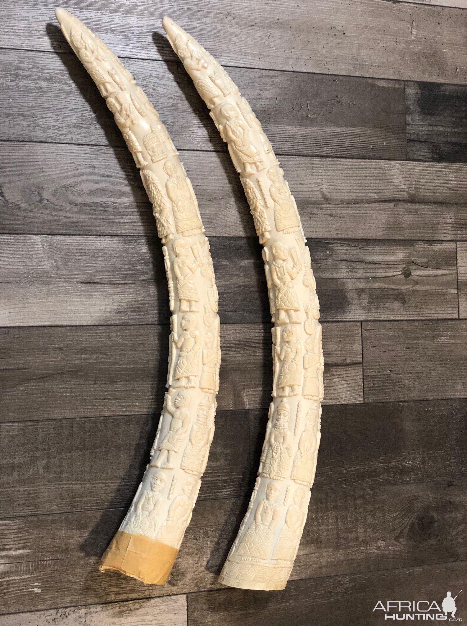 Two Pairs Of Ornate Carved African Elephant Tusks