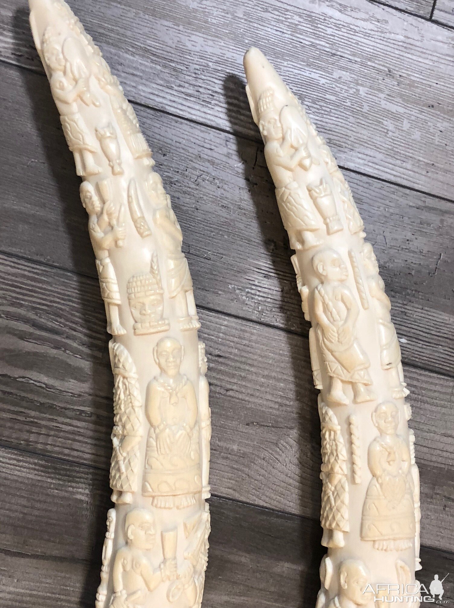 Two Pairs Of Ornate Carved African Elephant Tusks