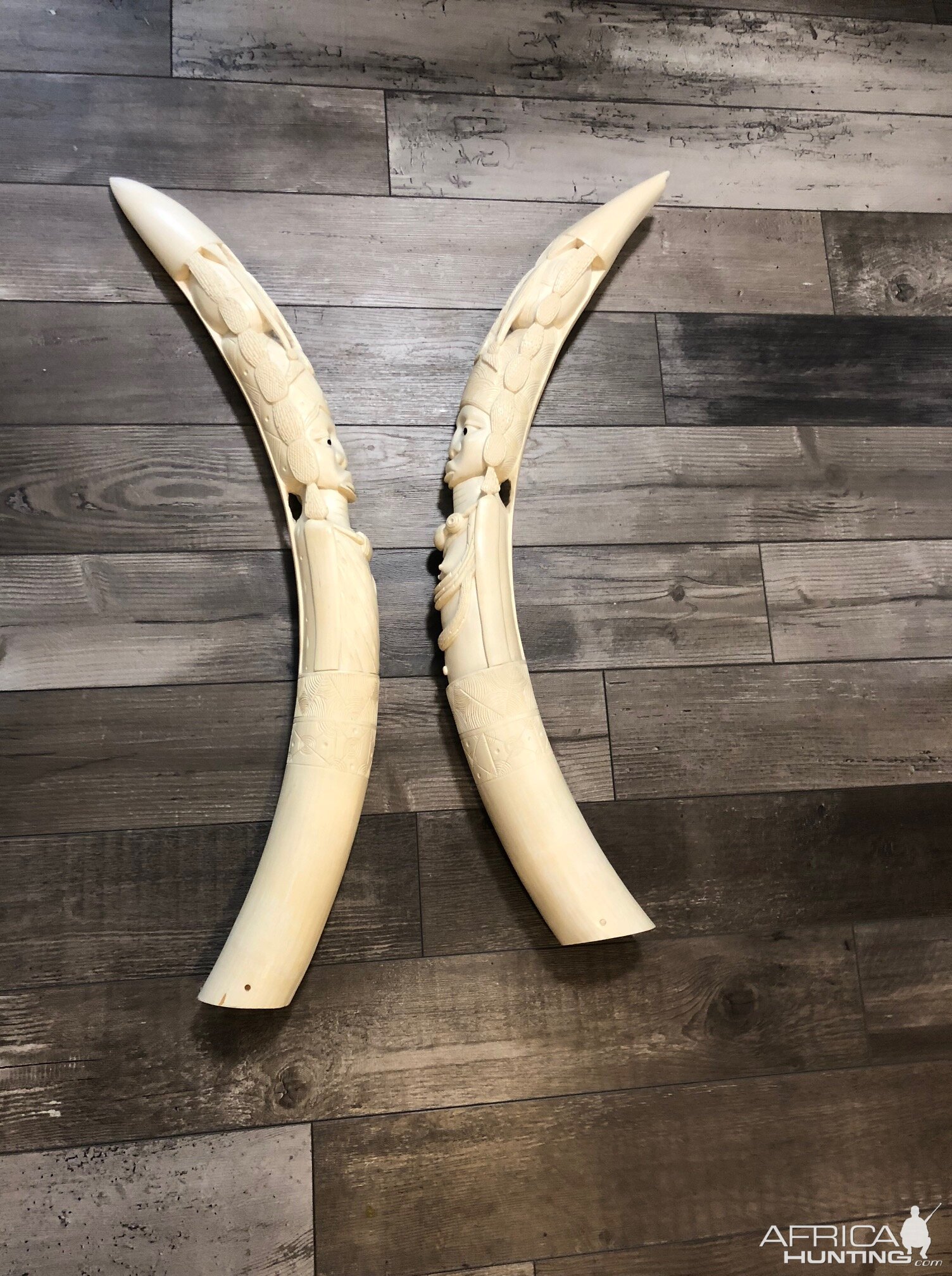 Two Pairs Of Ornate Carved African Elephant Tusks