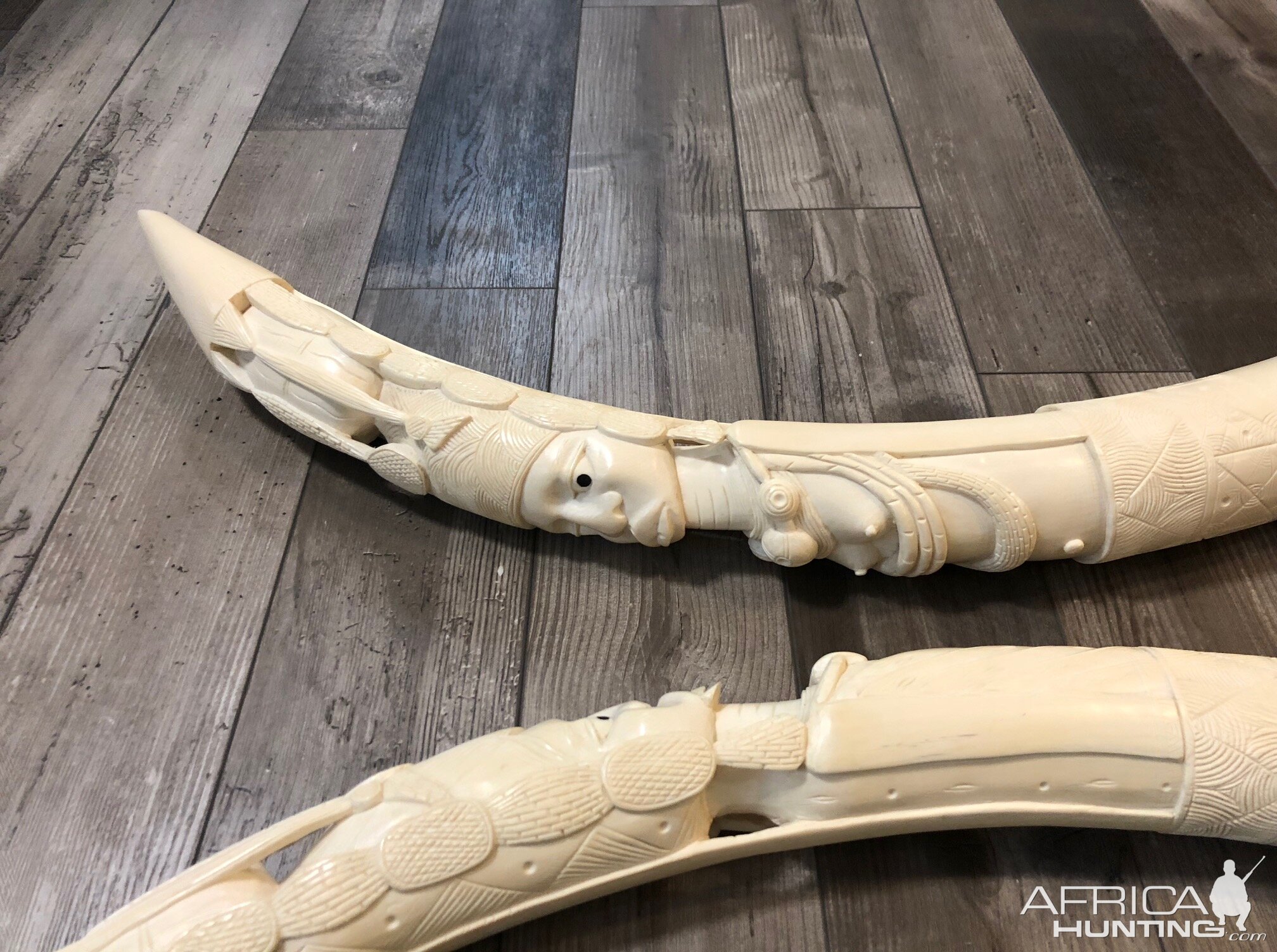 Two Pairs Of Ornate Carved African Elephant Tusks