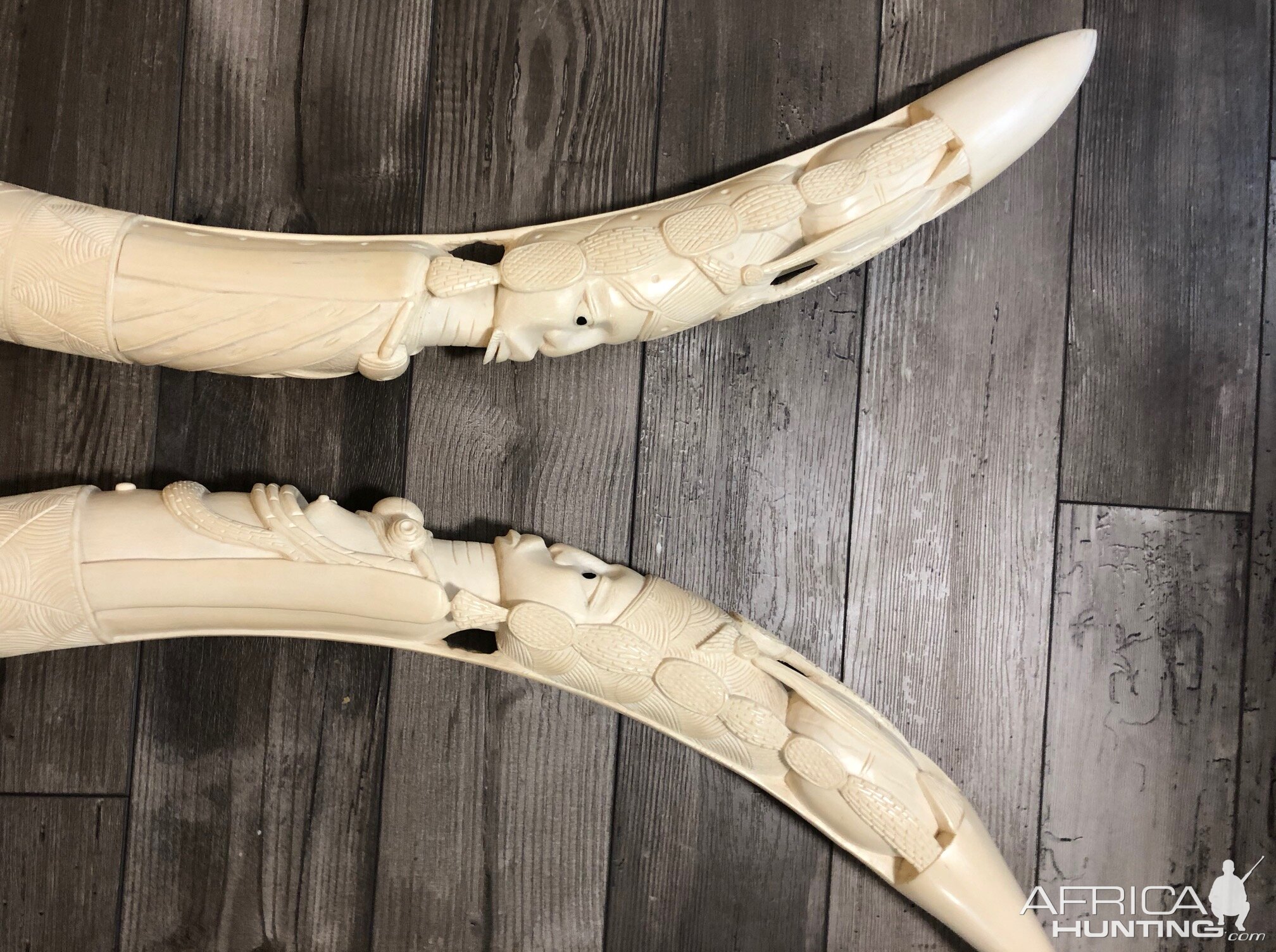 Two Pairs Of Ornate Carved African Elephant Tusks