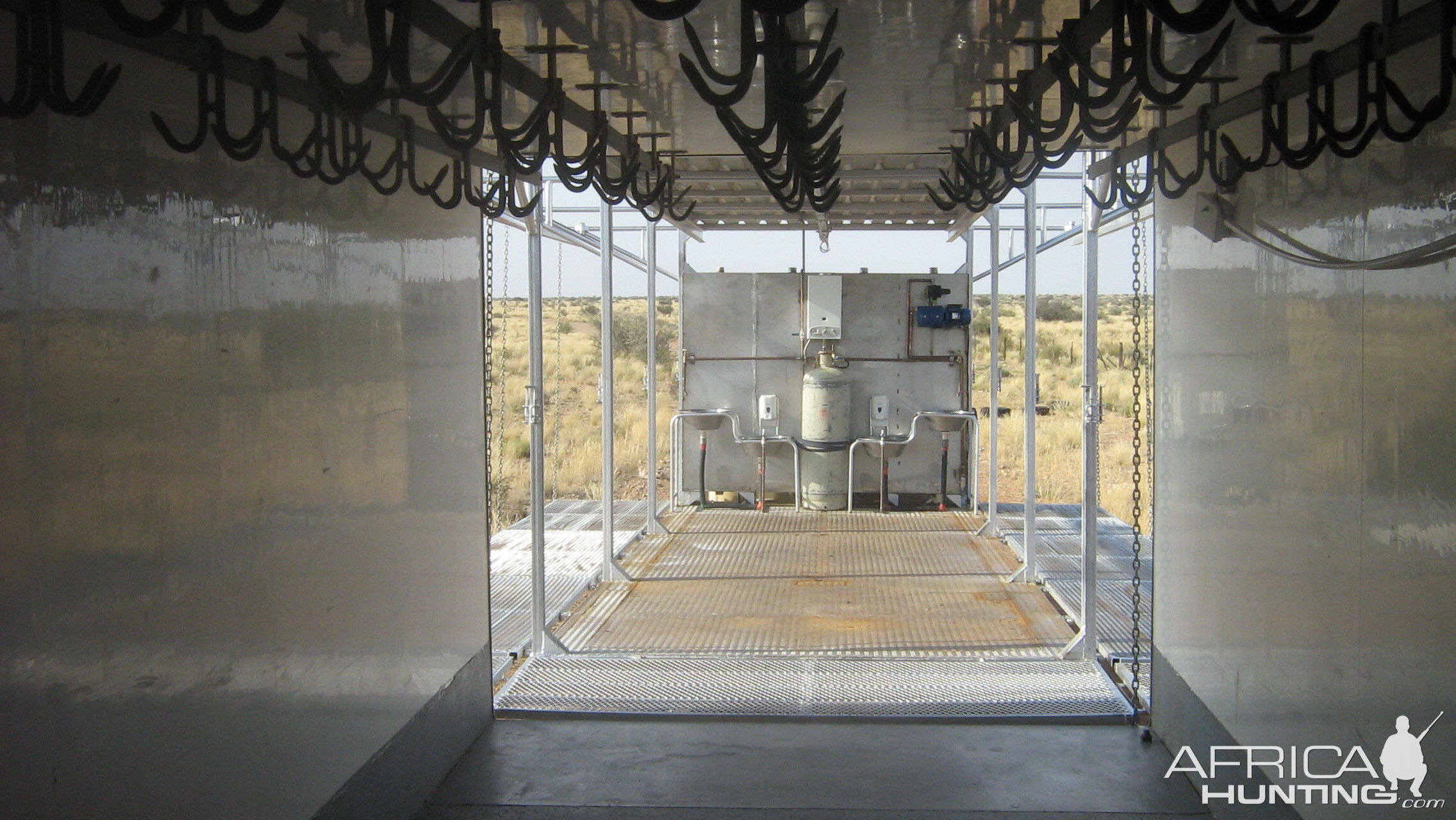 View from freezer truck to field abattoir for culling