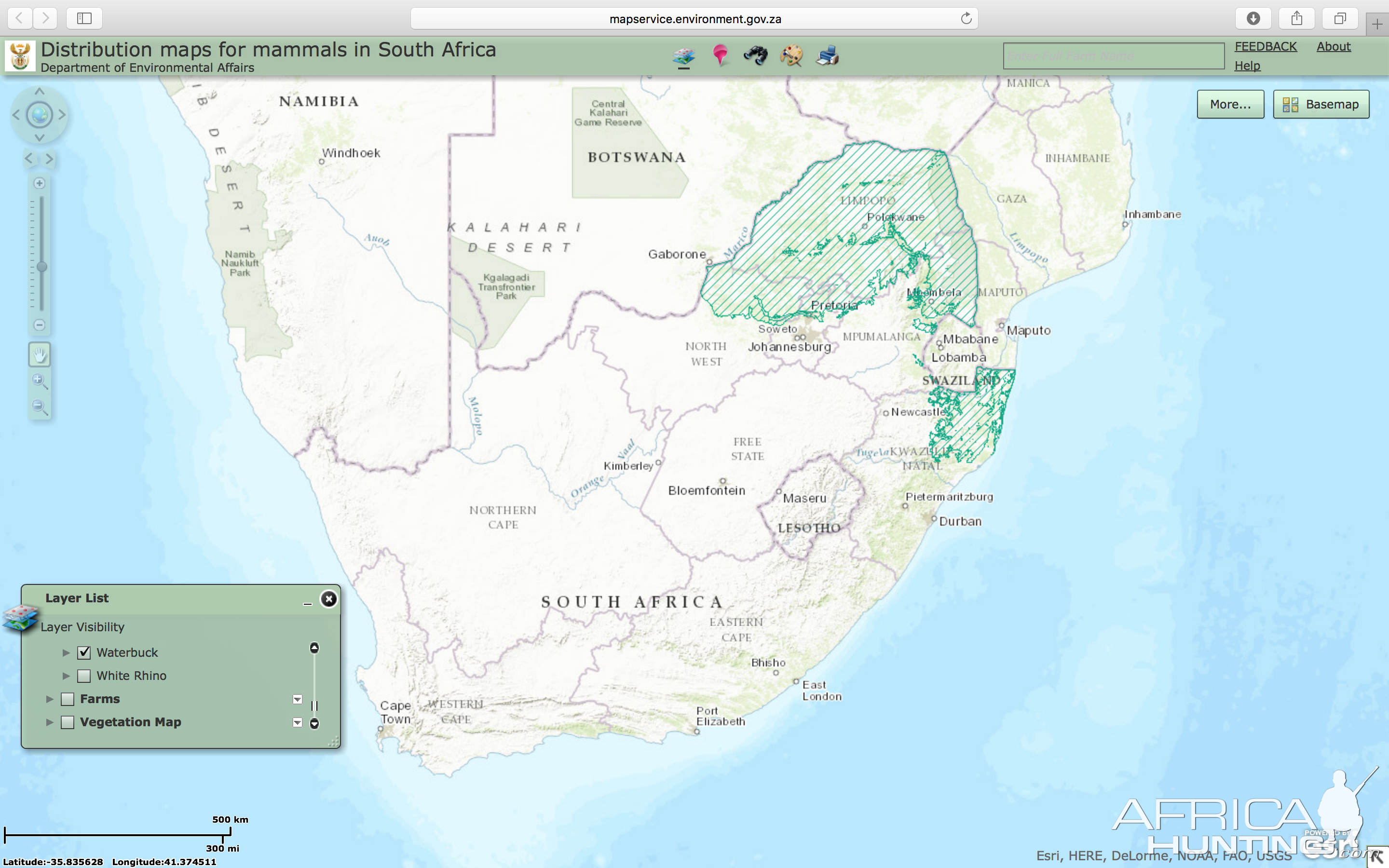 Waterbuck Distribution Map South Africa